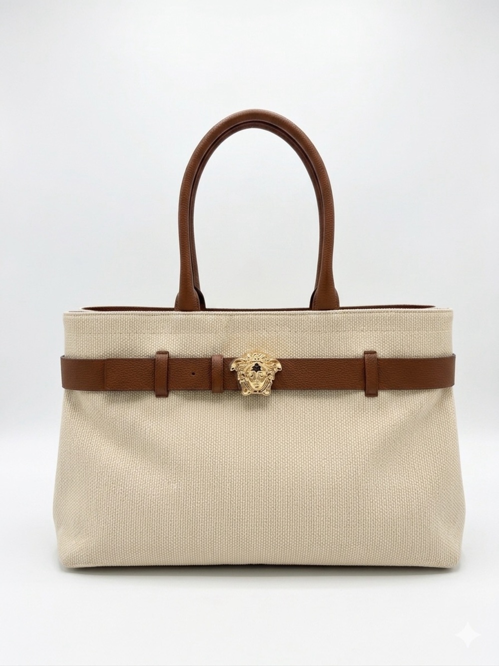 Versace Cream Canvas Tote with Brown Leather Belt and Gold Medusa New
